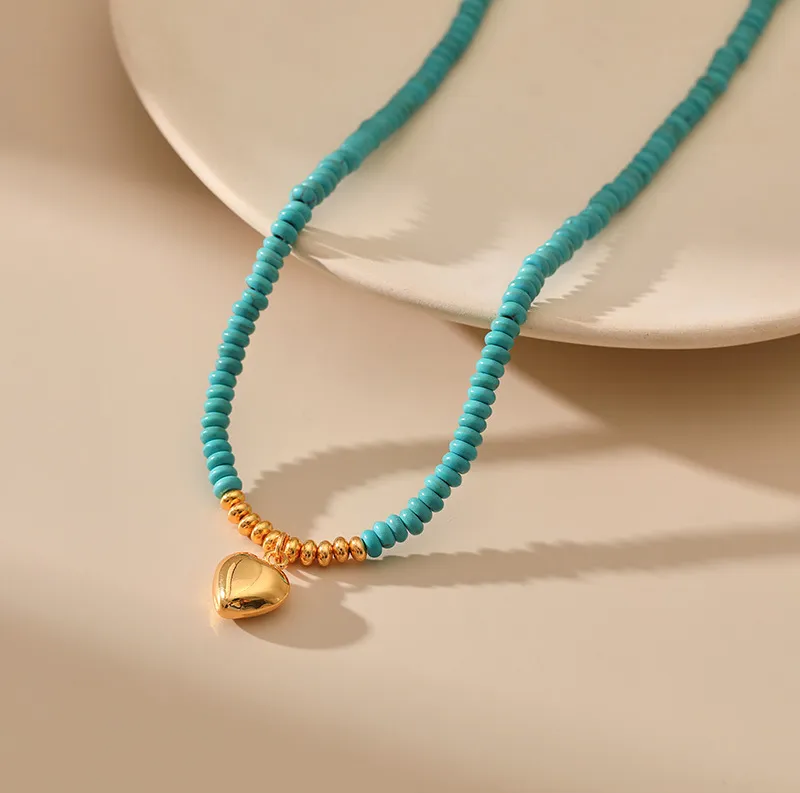 Collier de perles turquoise irrégulières faites à la main pour femmes, chaîne porte-bonheur en forme d'épis de blé dorés, bijoux rétro_voghion.com