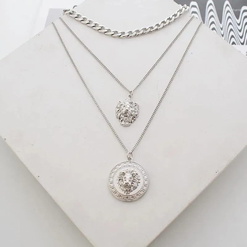 Colliers pendentifs style punk, chaîne en métal doré multicouches, motif lion, collier rond en pièces de monnaie pour femmes_voghion.com