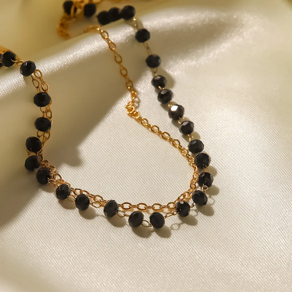 Catene Bohemia Mini Piccola Collana a strati con perline nere per donna Acciaio inossidabile Catena sottile Collare Choker Chic_voghion.com