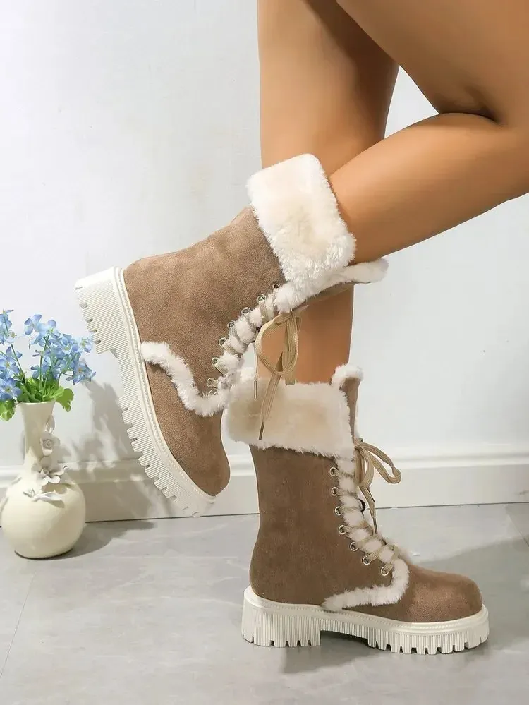 Thick Plush Winter Artificial Fur Platform Ankle For Womens Mid-range Lace Snow Boots And Thick Cotton Shoes 241022_voghion.com