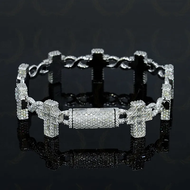 Cadena de eslabones cubanos con cruz de moissanita y baguette VVS con helado de plata de ley GRA de Christian Hip Hop Pass para hombres y mujeres_voghion.com