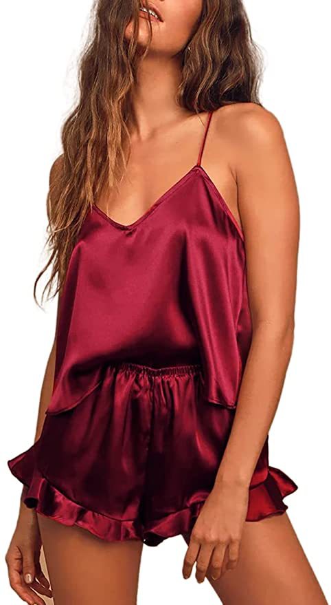 Uyku Giysileri Kadın İpek Pijamalar Düz Renk V Yaka Askılı Şort İki Parça Pijamalar Seksi Moda Ev Giyim Takım Elbise_voghion.com