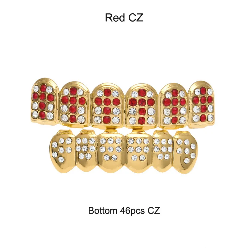Party Cosplay Hiphop Zubehör CZ Kristall Bio Kupfer Gold Zähne Grillz Kappen oben und unten mit rot schwarz Kreuz Charme_voghion.com