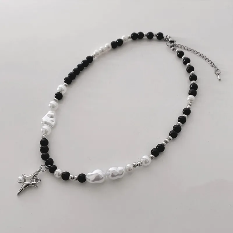 Ketten Frauen Mädchen Schwarz Weiß Perlen Halskette Barocke Perlenketten Stern Anhänger Choker Schmuck Geschenk Legierung Material für_voghion.com