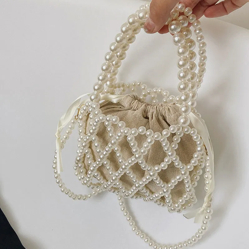 Yogodlns Mini borsa a secchiello da donna, borsa a tracolla intrecciata con perle, borsa a mano, portafoglio, borsa a tracolla da donna_voghion.com