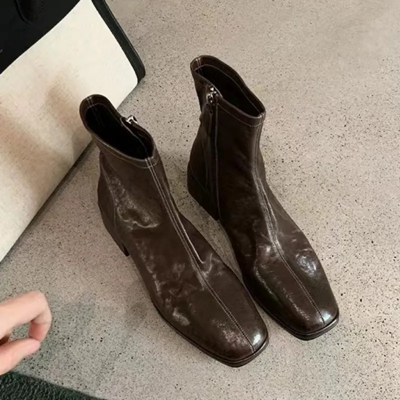 Genuine Leather Heels Thick Soles Square Toe Women Short Zippered Design Casual Fashion Versatile Slim Boots 4.5CM_voghion.com