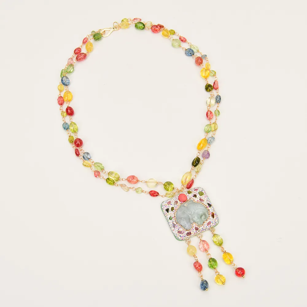 Pendant Necklaces GG Jewelry 2 Rows Mix Color Natural Crystal Smooth Net Stone Necklace Jadeite Carved Elephant_voghion.com