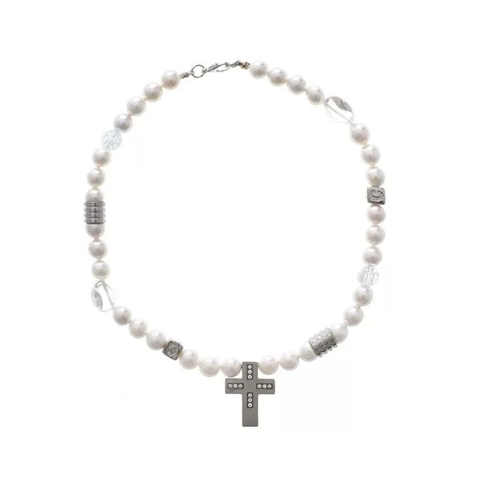 Edelstahl Kreuz Perlenkette Für Damen Und Herren Modeschmuck_voghion.com
