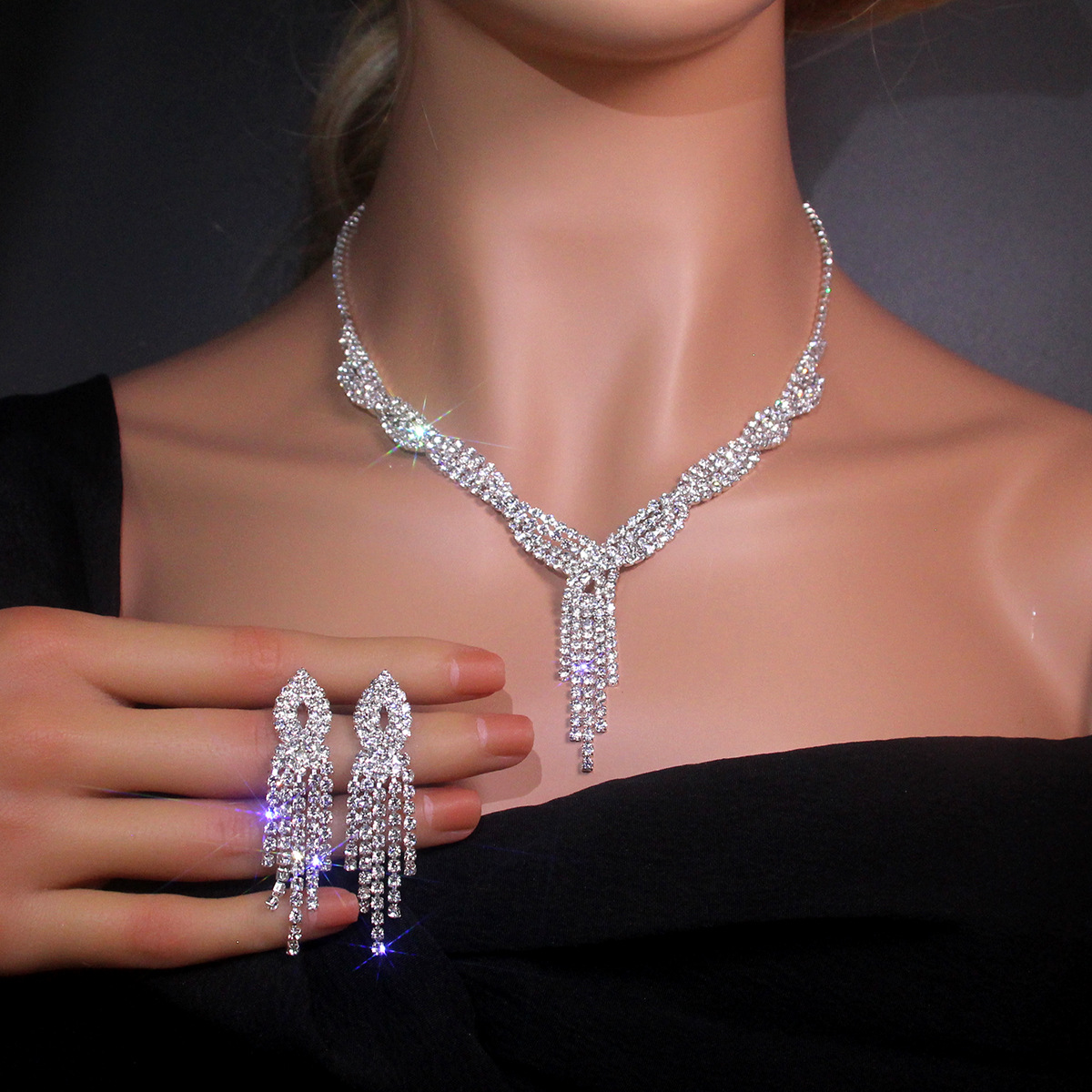 Set di gioielli da sposa in cristallo da 2 pezzi, collana con nappe e orecchini in strass, per donne e ragazze, per feste di ballo_voghion.com
