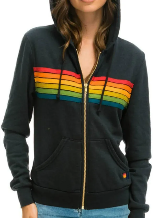 Langarm-Kapuzenpullover mit Regenbogenmuster für Damen. Hoodies & Sweatshirts. Modischer Kapuzenpullover für Damen. Übergroßer Langarm-Sweatshirtmantel mit Regenbogenstreifen und Reißverschlusstasche_voghion.com