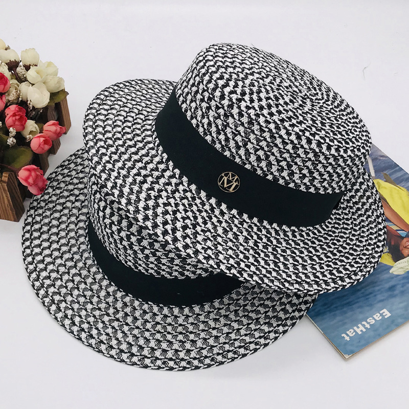 High-end and checkered wide eaves flat hat women's hat spring summer straw hat sun hat