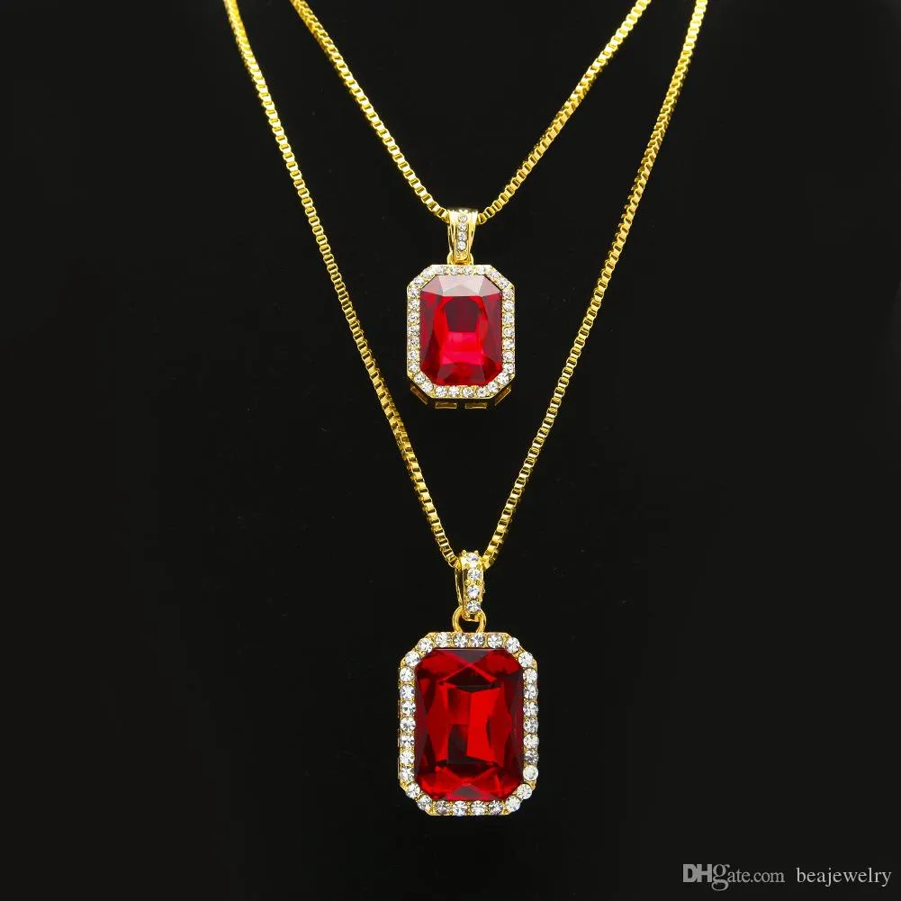 nuova moda 2 pezzi set argento placcato oro ghiacciato quadrato rosso rubino Blg strass ciondolo collana hip hop scatola portagioie_voghion.com