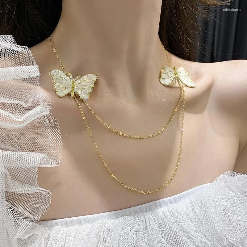 Catene Gioielli da fata Collana a doppio strato con ricamo a clavicola e design a nicchia a farfalla_voghion.com