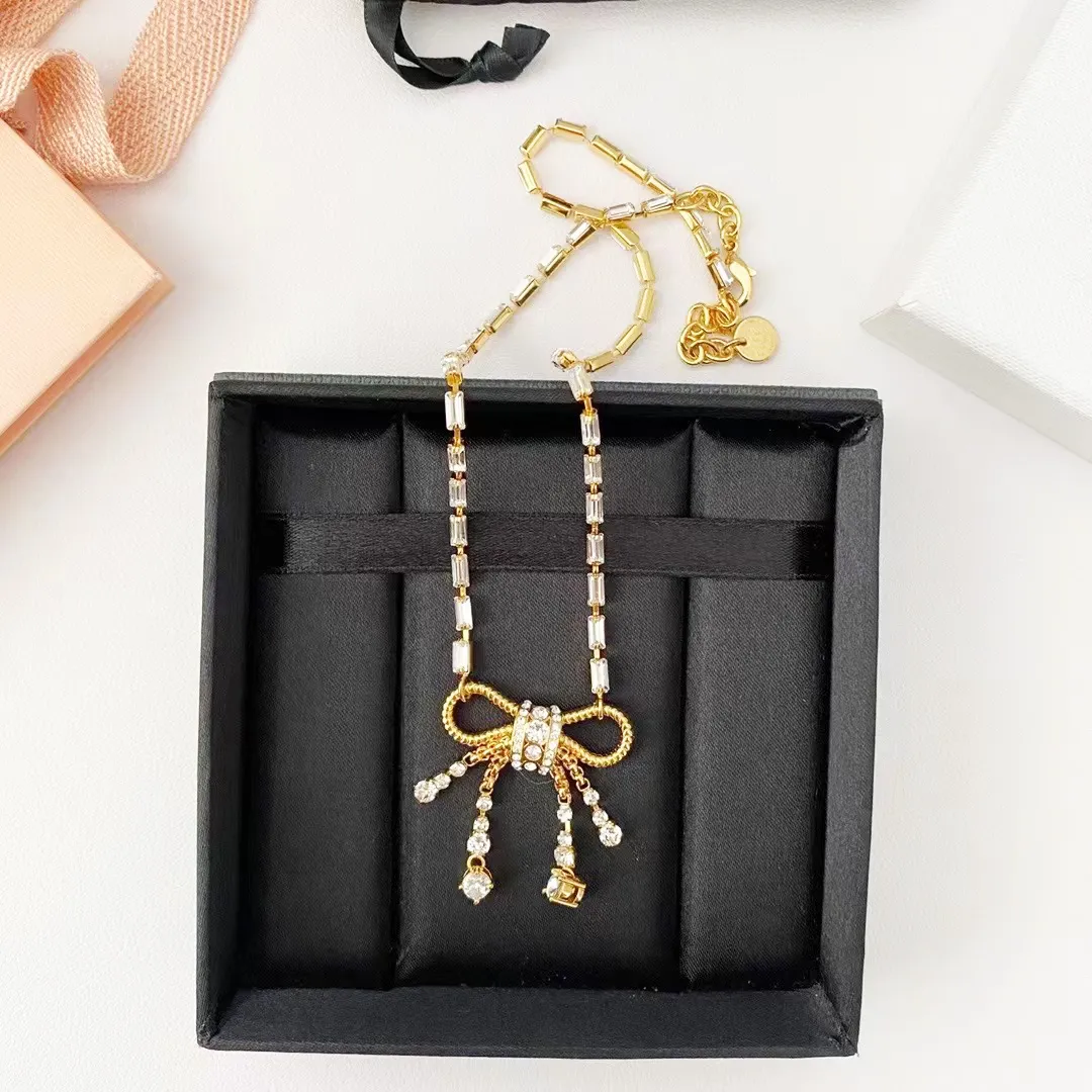 Classic Brand Bowknot Designer Necklace Shine Crystal Bling Diamond Sweet Bow Pendant Necklaces Chain Choker Fashion_voghion.com