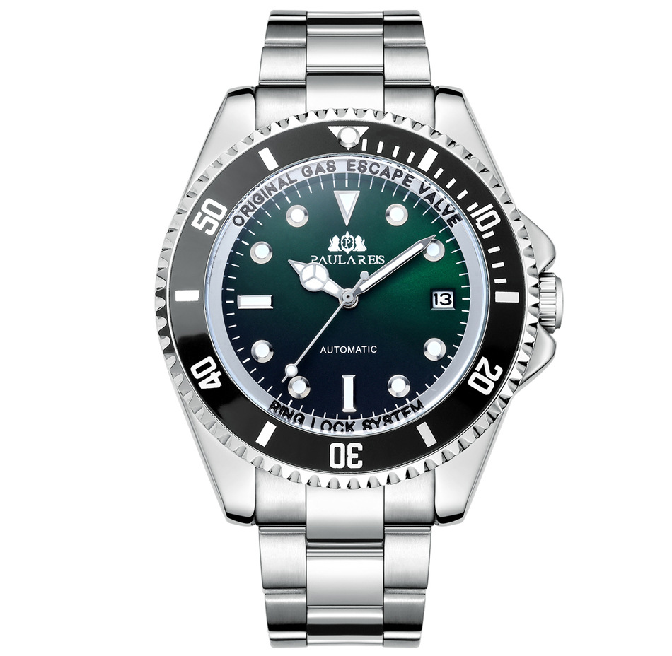 Vollautomatische mechanische Herrenuhr mit Leuchtzeigern, massivem Edelstahlarmband, blauem, rotem und grünem Zifferblatt. AUTOMATIKUHR_voghion.com
