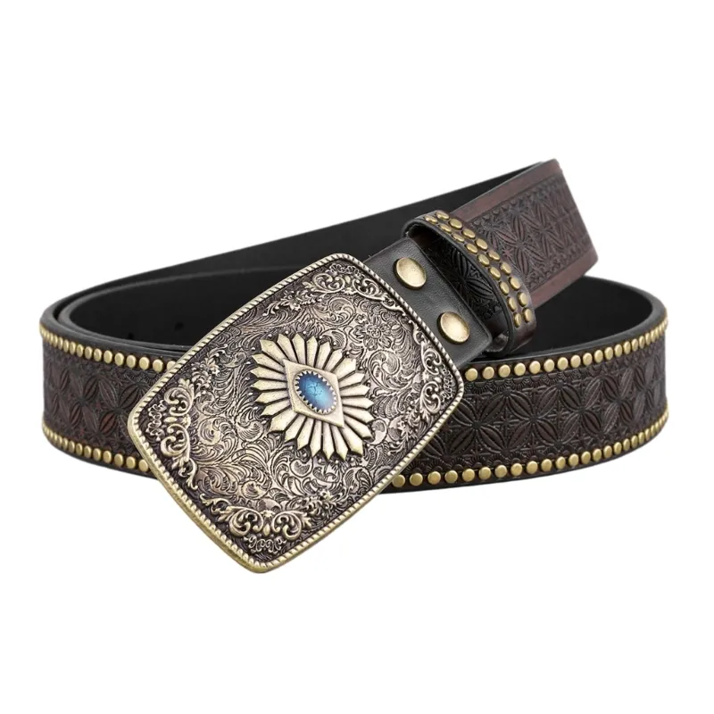 Gürtel Westerngürtel für Damen und Herren, Cowboy- und Cowgirl-Stil, geschnitztes Leder, Country-Metallschnallen, verstellbarer Bund_voghion.com