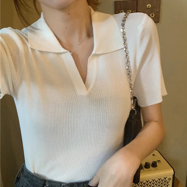 Heißer verkauf HELIAR Gestrickte Polo Shirts Sommer V-ausschnitt Kurze Ärmel Feste Beiläufige Crop Für Frauen Schlank Y2K Sexy Tops Frühling_voghion.com
