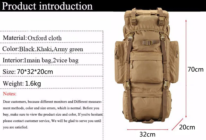 Zaino tattico militare nero da 70 litri, grande capacità, per arrampicata, da uomo, di alta qualità, da viaggio, in tessuto Oxford 900D._voghion.com