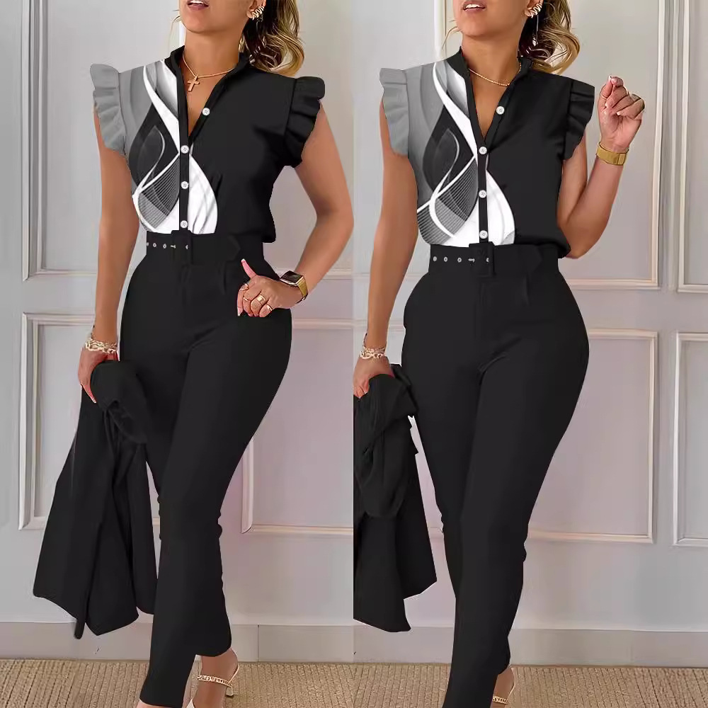 Women's Fashion Casual Lotus Leaf Sleeve Vest Two-piece Suit Women's Clothing_voghion.com