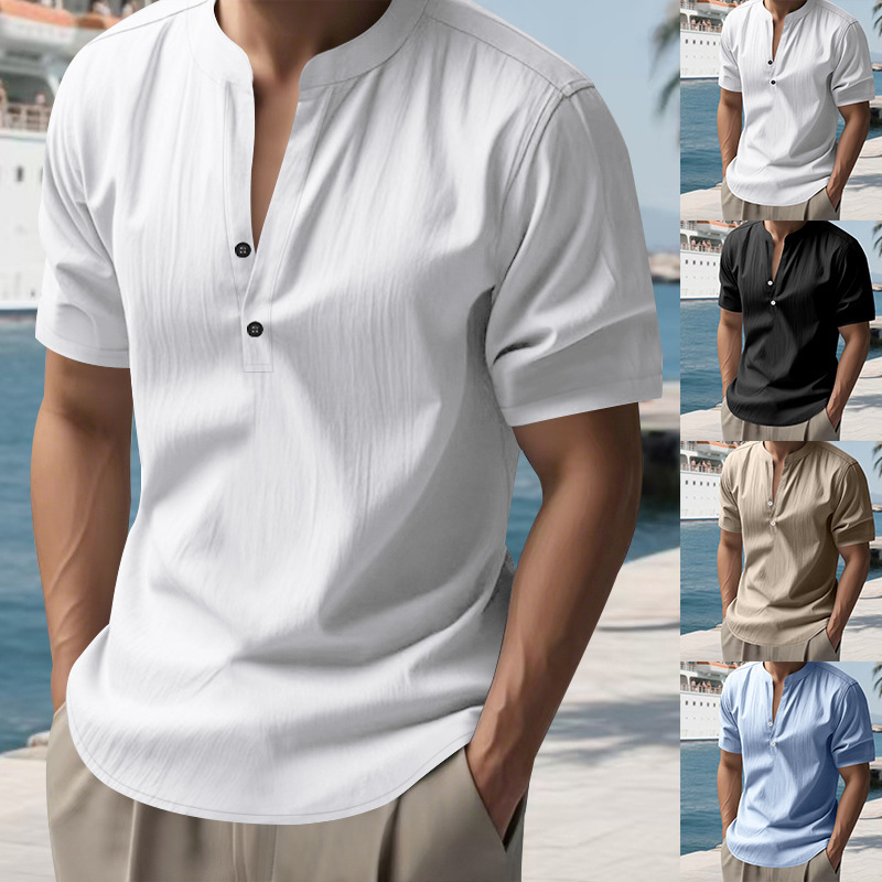 Men’s Slim Fit Linen Shirt Breathable Short Sleeve Wrinkle-Free Stretchable, Casual Solid Color Top For Summer (White/Black/Khaki/Light Blue S-XXXL)​
