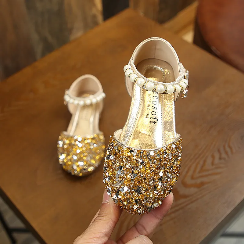 Girl Princess Sequins Pearl Sier Gold Pink Summer Spring Girls Sandals Cover Toe Toddler Fashion Party Dance Cutefeet_voghion.com