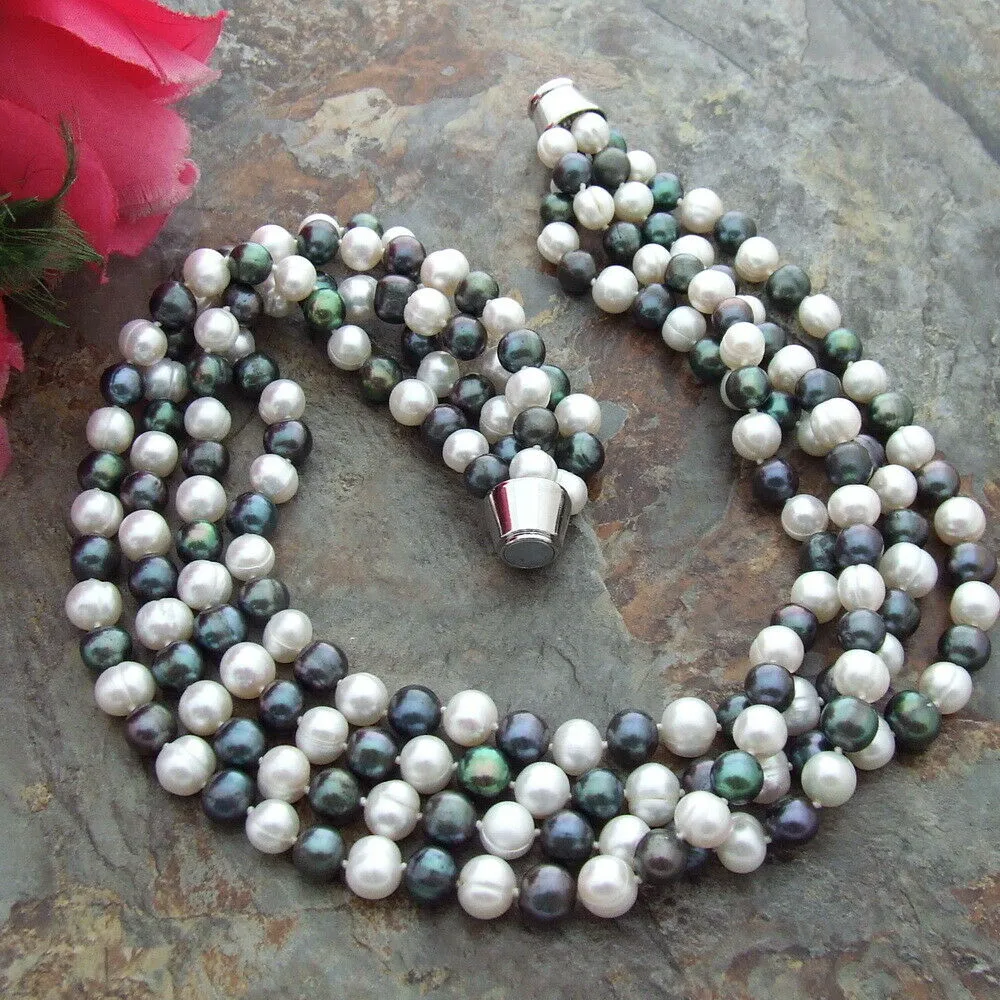 Collier de perles de culture d'eau douce colorées grises faites à la main, 4 brins de 9 à 10 mm, 51 cm, bijoux fantaisie_voghion.com