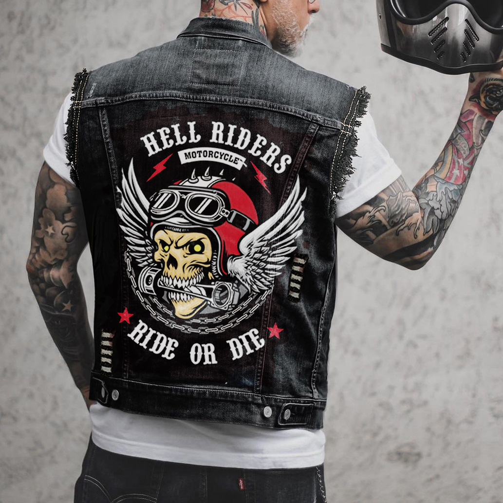 Lässiger Motorrad-Knochen-Print-Stil, modische und lässige Punk-Jeansweste für Herren 2288_voghion.com