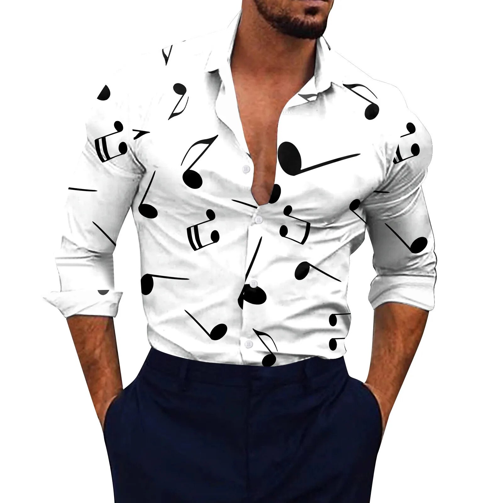 Men Music Note White Shirt Social Drs Streetwear Fashion Casual 3d Digital Print Lightweight Breathable Long Sleeve_voghion.com