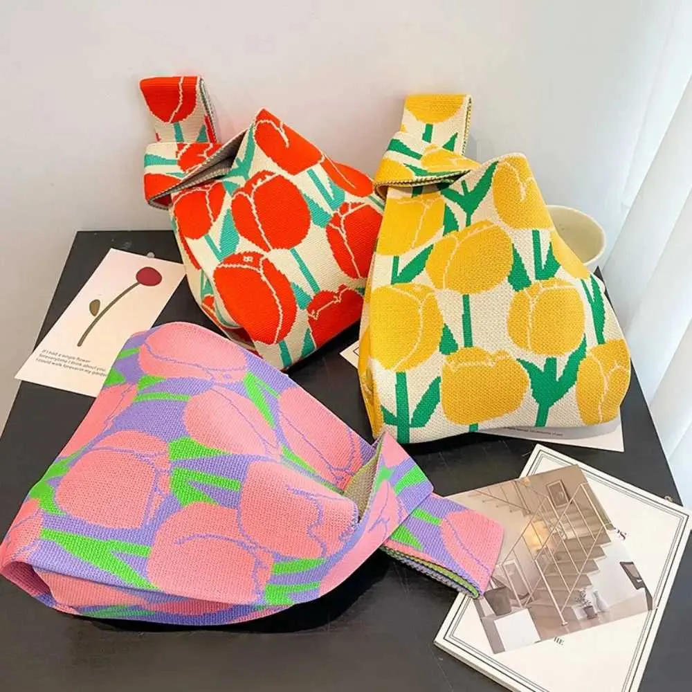 Håndvævet mini knudehåndled japansk afslappet farverig bredstribet almindelig vævet håndtaske til studerende genanvendelig indkøbstaske_voghion.com