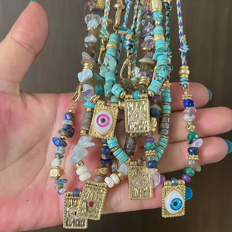 Catene Stile Multi Colore Corda Intrecciata Stella Luna Cuore Mano Occhio Collana Ciondolo Unico Mix Pietra Oro Cordino di Cotone Gioielli_voghion.com