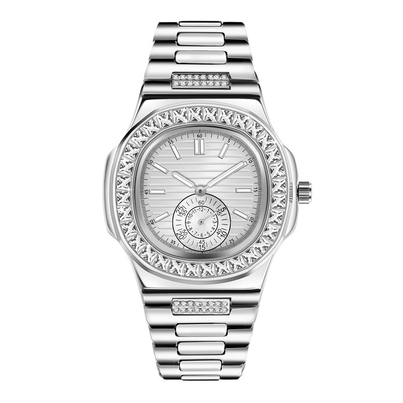 Orologio al quarzo da uomo alla moda con strass - Stile minimalista business e hip hop - Cassa in lega resistente all'acqua - Chiusura per gioielli in acciaio inossidabile_voghion.com