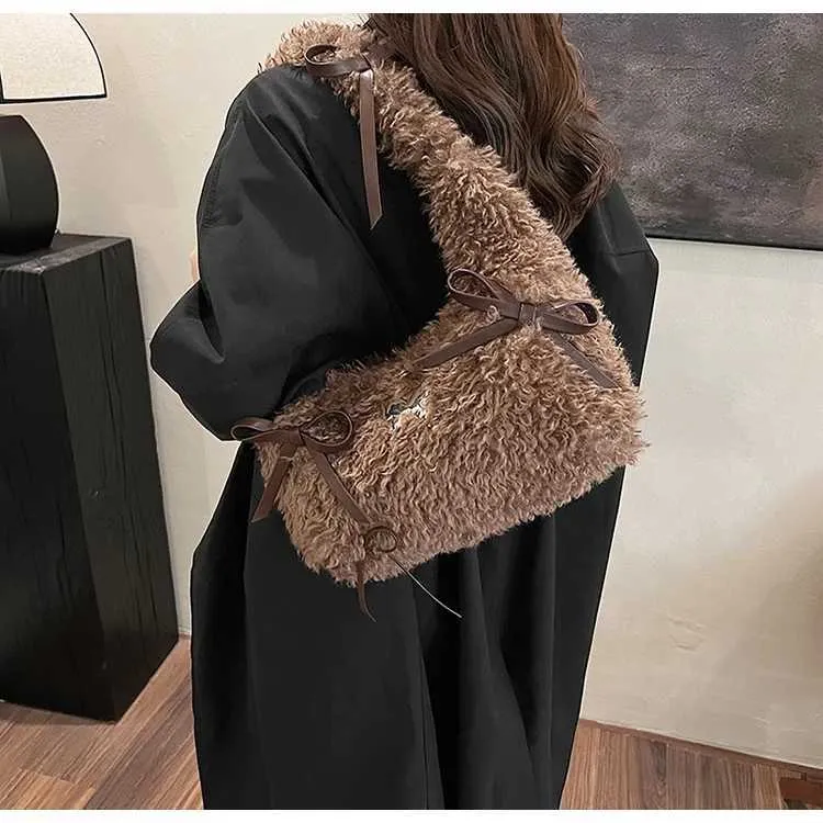 Sac à main en peluche douce pour femme, solide, moelleux, nœuds, appliques, épaule, femme, automne, hiver, mignon, sous les aisselles, paquets, poignée, dame_voghion.com