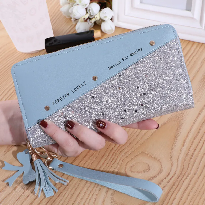Carteira feminina longa com zíper e glitter brilhante - emenda coreana, contraste de cores, borlas e detalhes de rebites_voghion.com