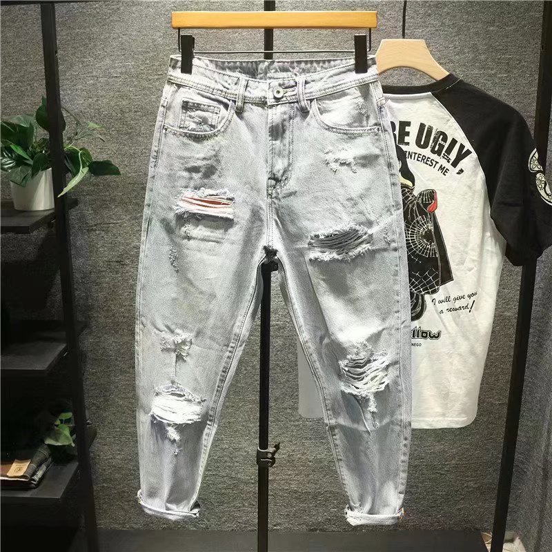 Nuevo estilo, pantalones de mendigo rasgados y cepillados sueltos japoneses, pantalones vaqueros de nueve puntos con lavado ligero a la moda para hombres