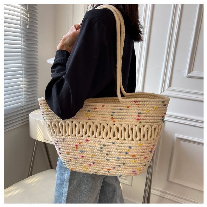 Spring and summer niche grass for women in 2024, new trendy cotton thread woven beach bags, large capacity single_voghion.com