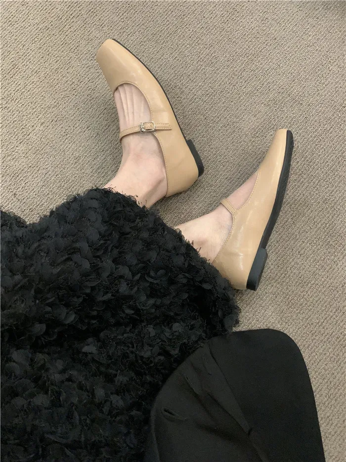 Ballerines tendance pour femmes, mocassins rétro à bout carré en cuir avec lanières, mocassins plats formels 240620_voghion.com