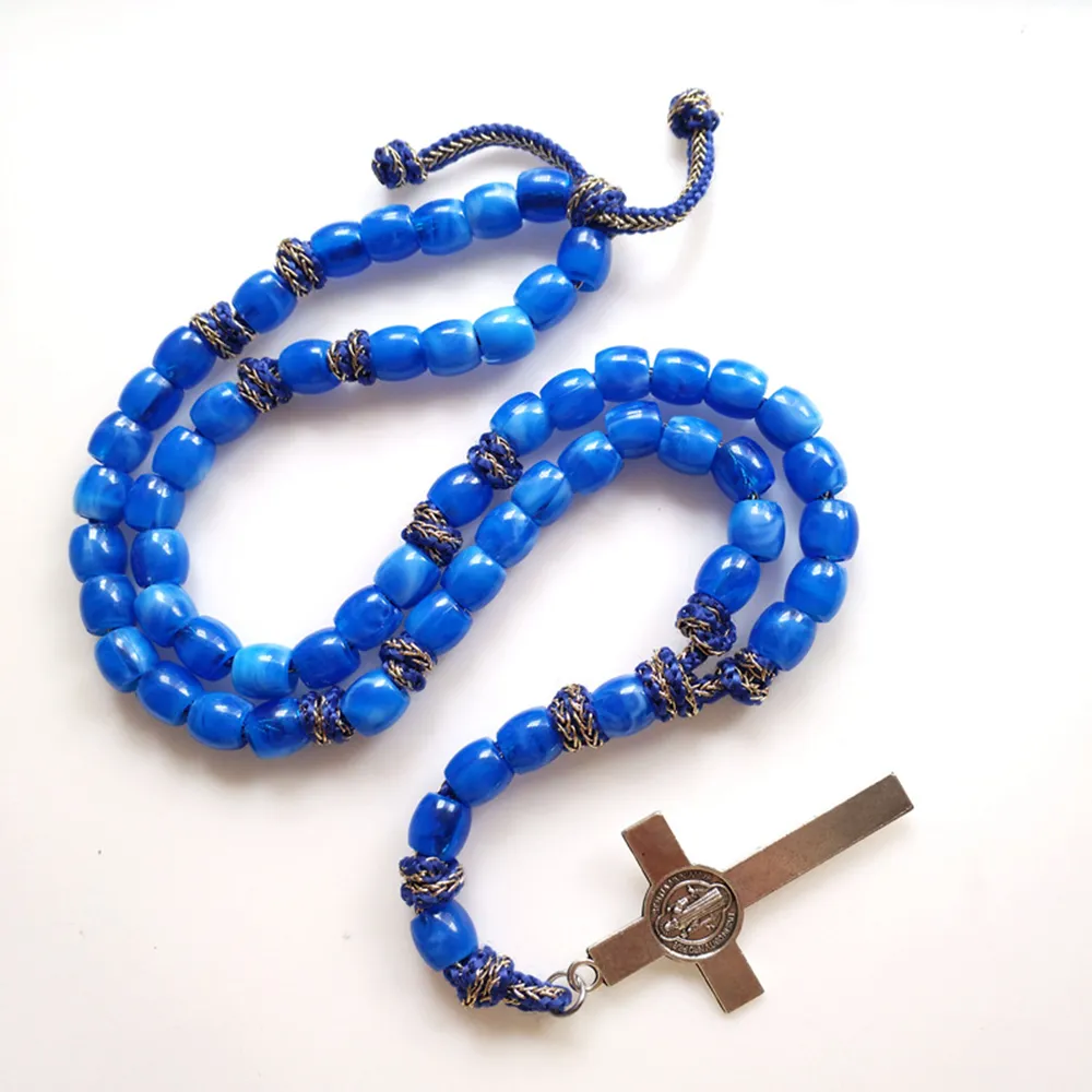 St Benedict Crucifix Rosary Necklace With Blue Beaded Chain_voghion.com