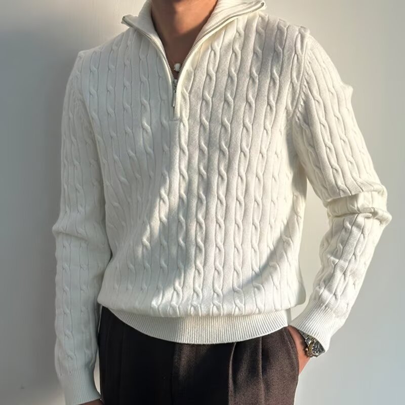 Pull à col roulé et fermeture éclair pour homme, pull à manches longues haut de gamme, veste blanche tendance et polyvalente