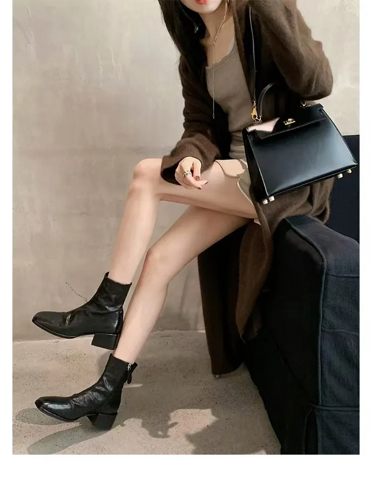 Genuine Leather Heels Thick Soles Square Toe Women Short Zippered Design Casual Fashion Versatile Slim Boots 4.5CM_voghion.com