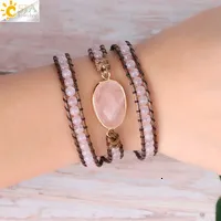 Charm CSJA Naturstensarmband Rosa Kvarts Läderarmband för Kvinnor Rosenstenar Kristallpärlor Bohemiska Smycken 5_voghion.com