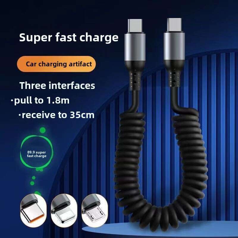 100W Çift Kafa Hızlı Araç Üstü 6A Teleskopik Veri Şarjı TypeC Spiral PD Yay Hattı_voghion.com