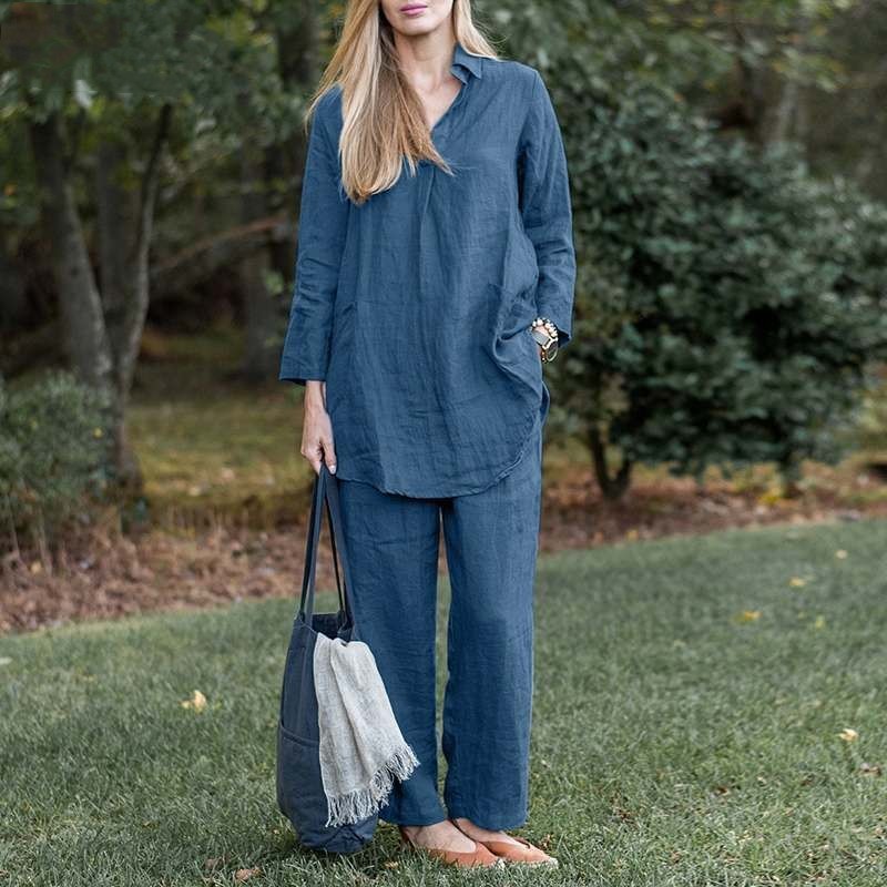 Women's shirt wide-leg pants solid color elegant casual retro suit_voghion.com