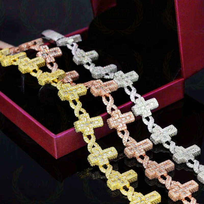 Cadena de eslabones cubanos con cruz de moissanita y baguette VVS con helado de plata de ley GRA de Christian Hip Hop Pass para hombres y mujeres_voghion.com