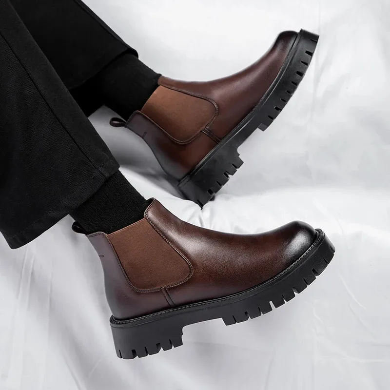 Herren-Arbeitsschuhe im britischen Stil mit dicker Unterseite, wasserdicht, lässige Mode, klassische, bequeme Lederstiefel mit hoher Spitze und runder Zehenpartie_voghion.com