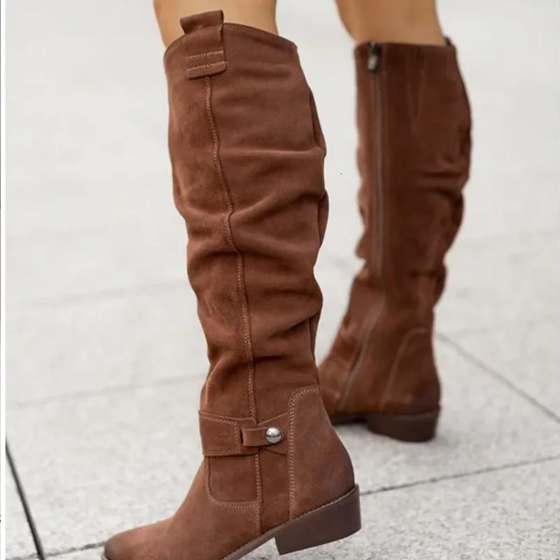 Damen Kniehohe Stiefel Einfarbig Wildleder Lady Flats Winter Warm Bequeme Damenschuhe Punkt Zehe Sexy Reißverschluss Niedriger Absatz_voghion.com