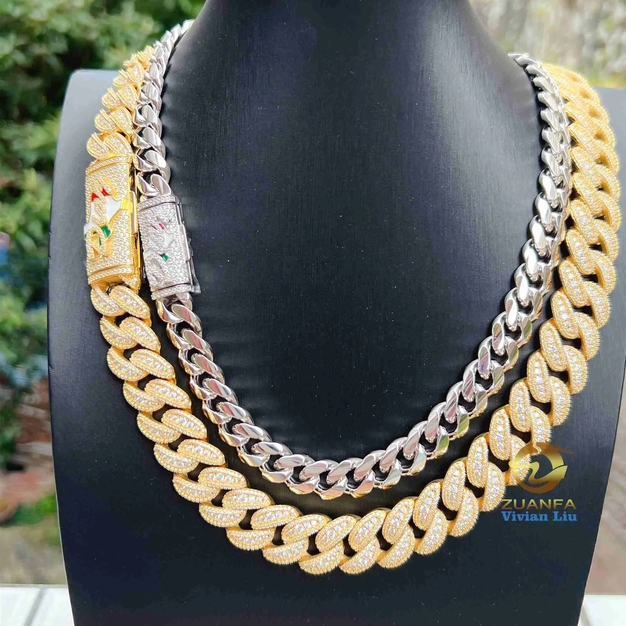 16MM VVS Moissanite Iced Out Diamant Gold Farbe Sterling Silber Männer Halskette Miami Cuban Link Kette_voghion.com