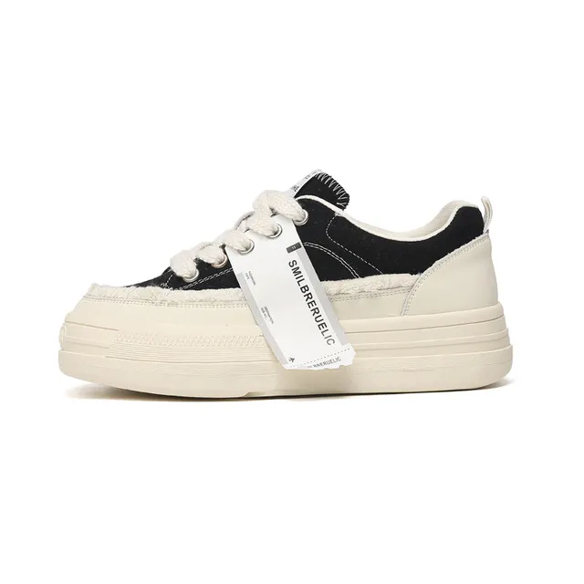Thick Soled Round Toe Sponge Cake Sole Canvas With Mh Surface For Breathability Comfort And Versatile Casual Board_voghion.com
