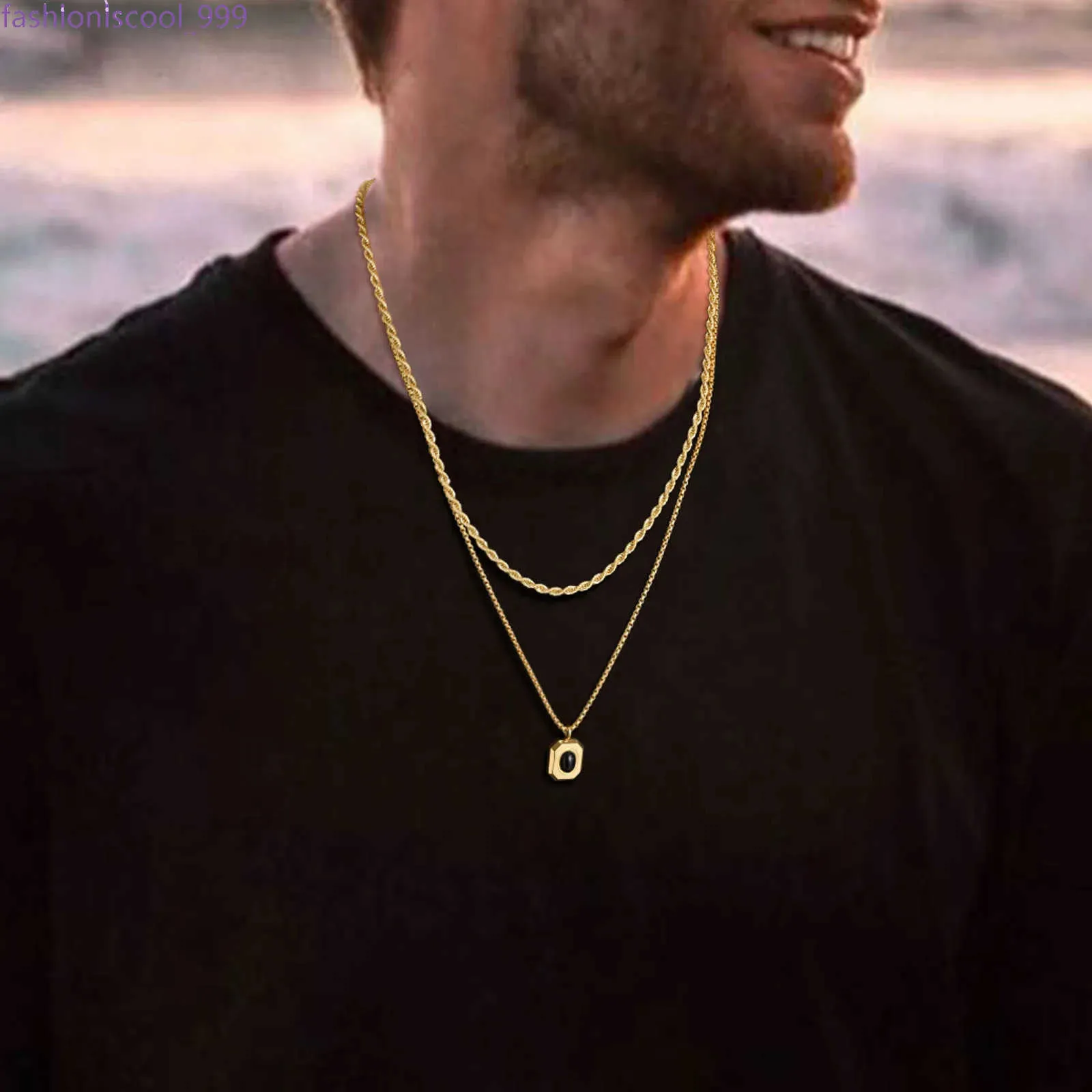 Collana quadrata nera elegante per uomo in oro giallo 14k con catena cubana a forma di scatola Figaro, colore dorato, a doppio strato_voghion.com