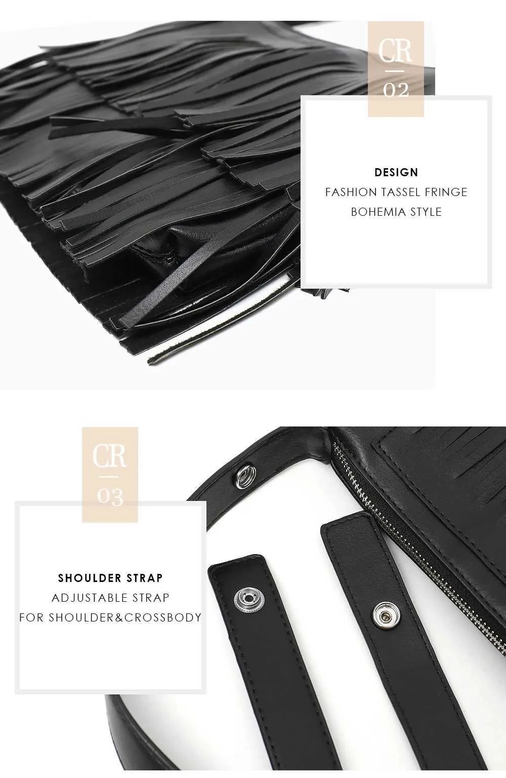 CEZIRA Bohemia Quaste Fransen Ladi Seitentaschen Veganes Leder Stilvolle Designer Mädchen Kleine Umhängetasche Reißverschluss Umschlag Clutch_voghion.com