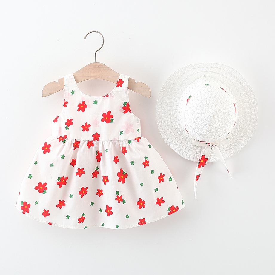 Newborn Girl Summer Tank Top Dress Floral Printed Holiday Style Dress With Bow At The Back Send Hat_voghion.com